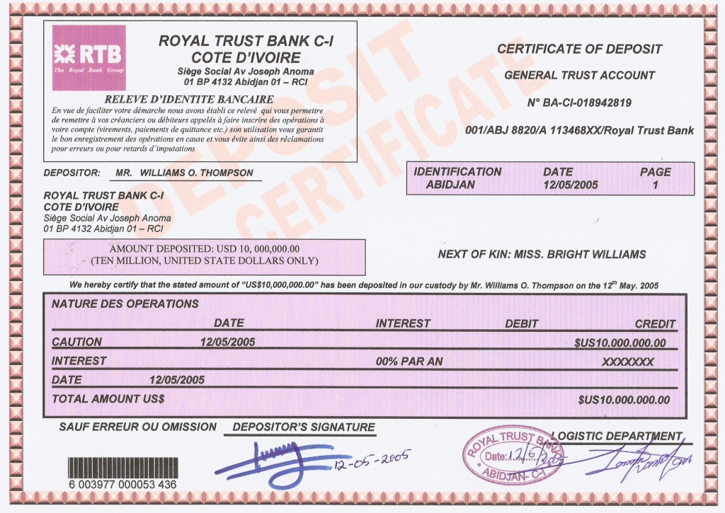 Miss Bright Certificate of Deposit