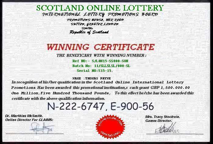 Scottish Lottery Certificate