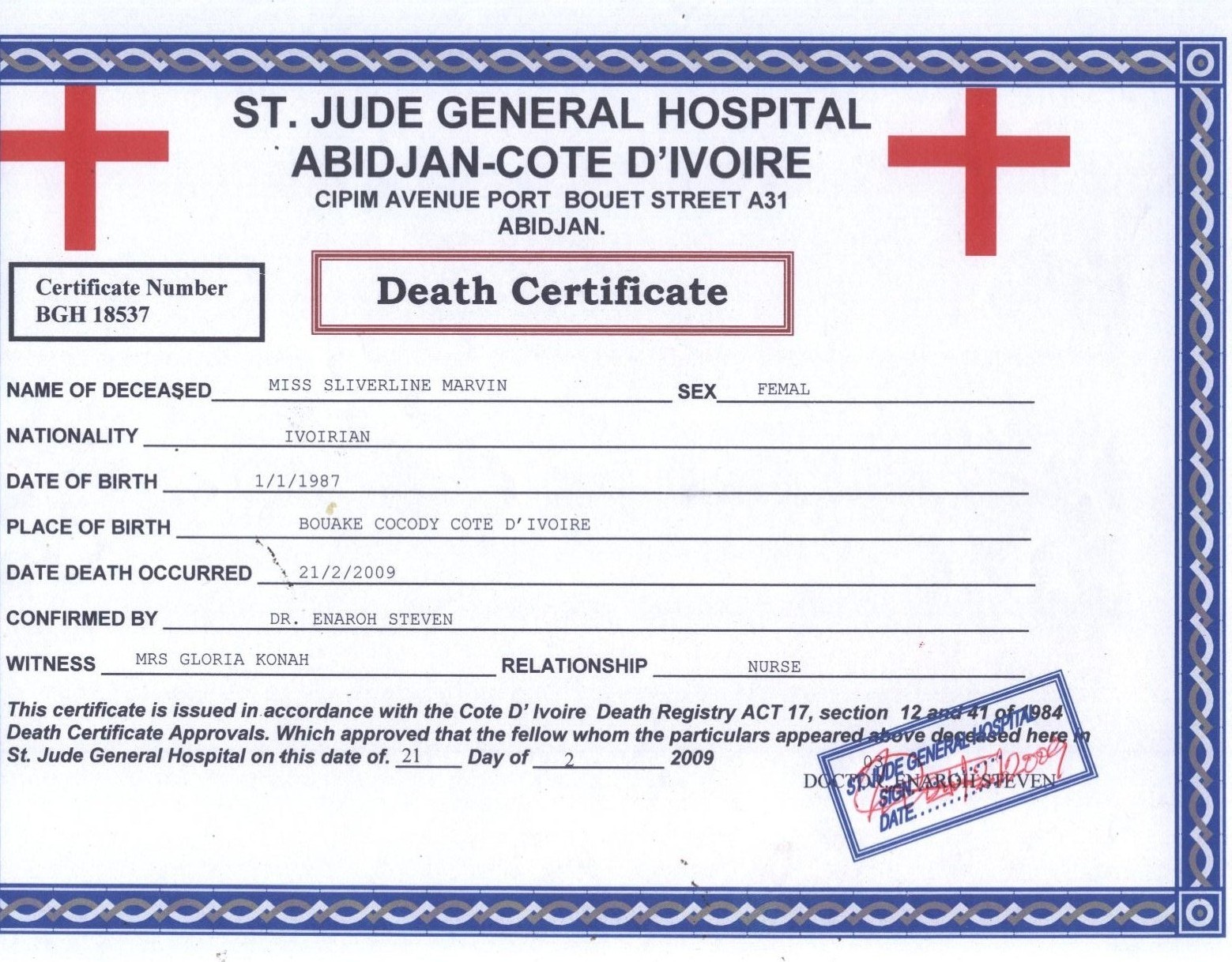 Sliverline Death Certificate